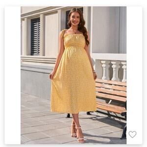 Women's Maternity Yellow and White Floral Maxi dress, Spaghetti Strap- Small NEW